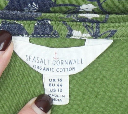 Seasalt Cornwall Womens Green Floral 3/4 Sleeve Cotton Top Size 16