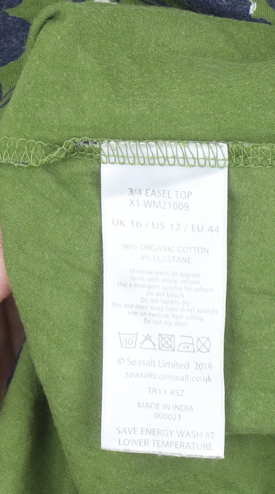 Seasalt Cornwall Womens Green Floral 3/4 Sleeve Cotton Top Size 16