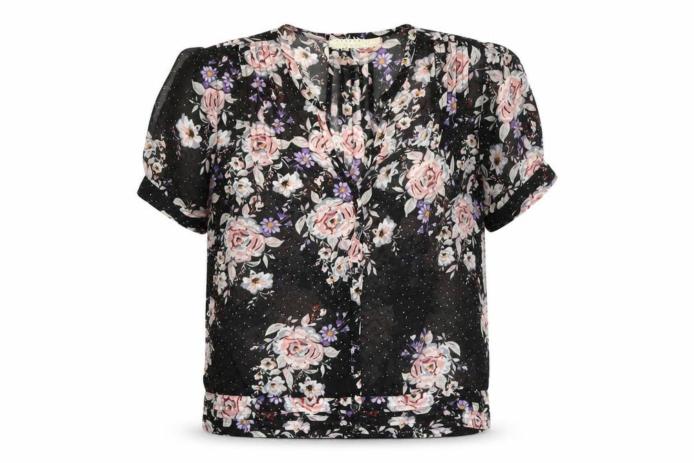 Pins and Needles Womens Black Floral Sheer Short Sleeve Blouse XS
