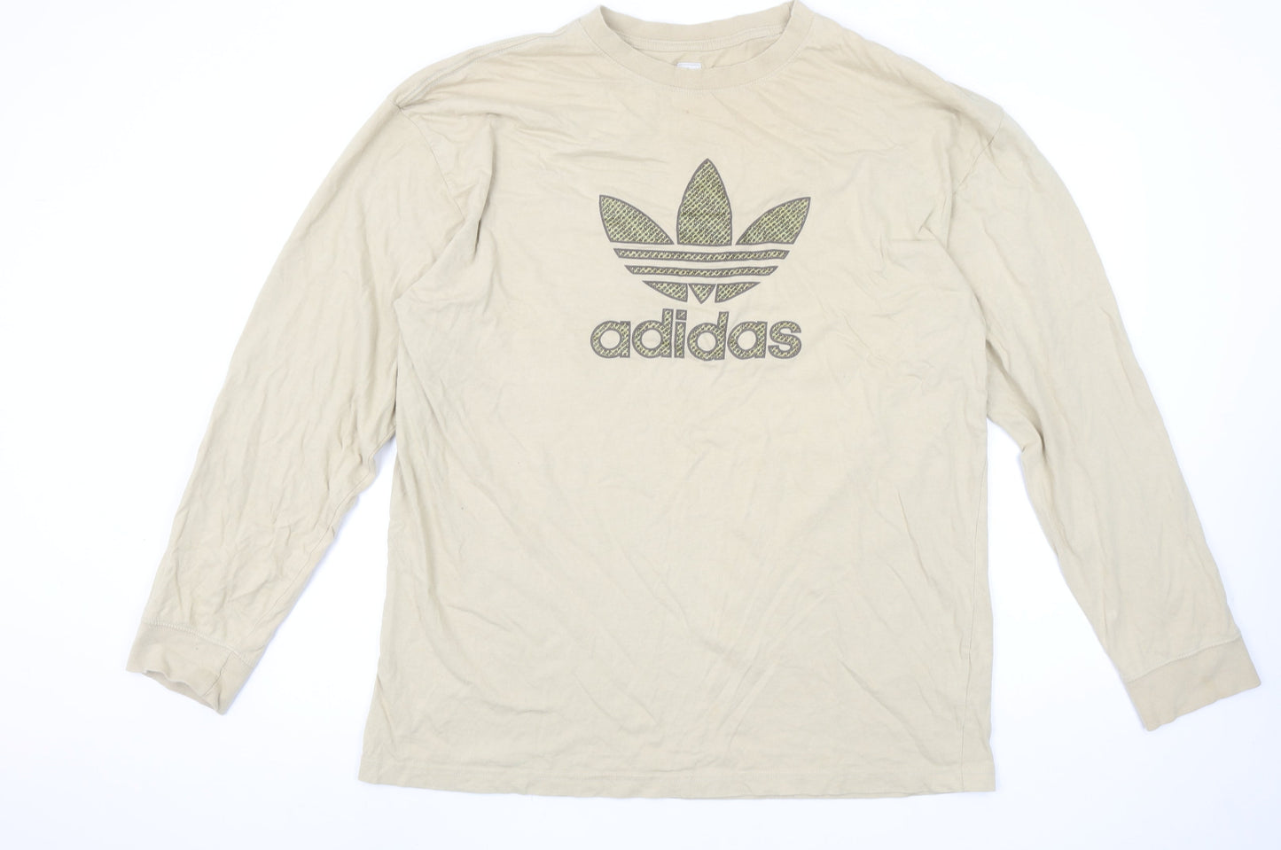 Adidas Men's Beige XL Long Sleeve Logo Cotton T-Shirt