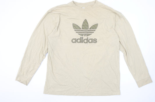 Adidas Men's Beige XL Long Sleeve Logo Cotton T-Shirt