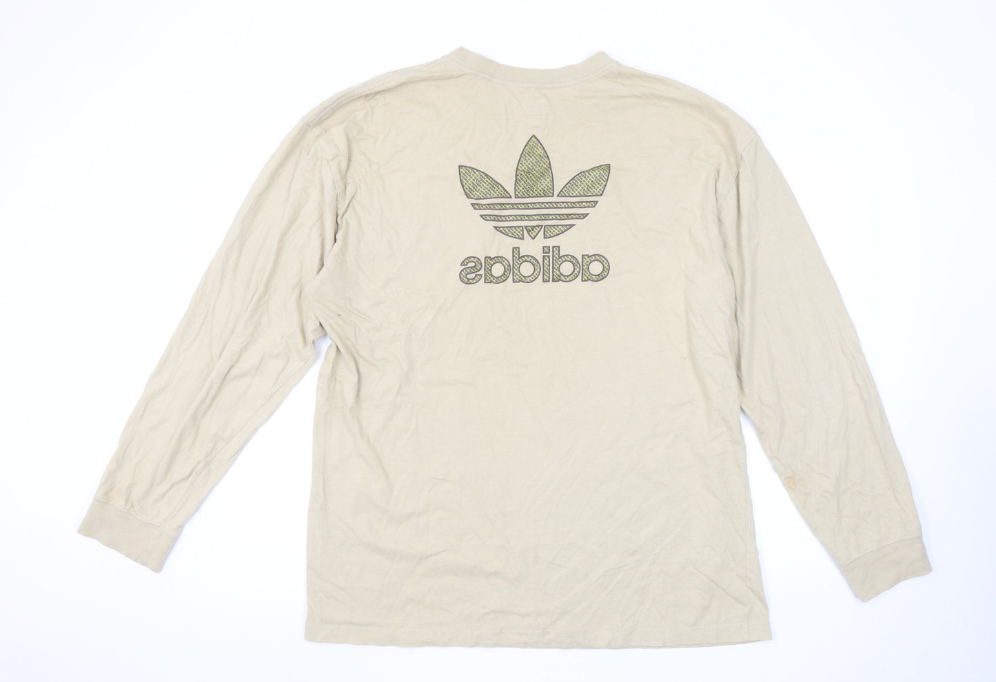 Adidas Men's Beige XL Long Sleeve Logo Cotton T-Shirt