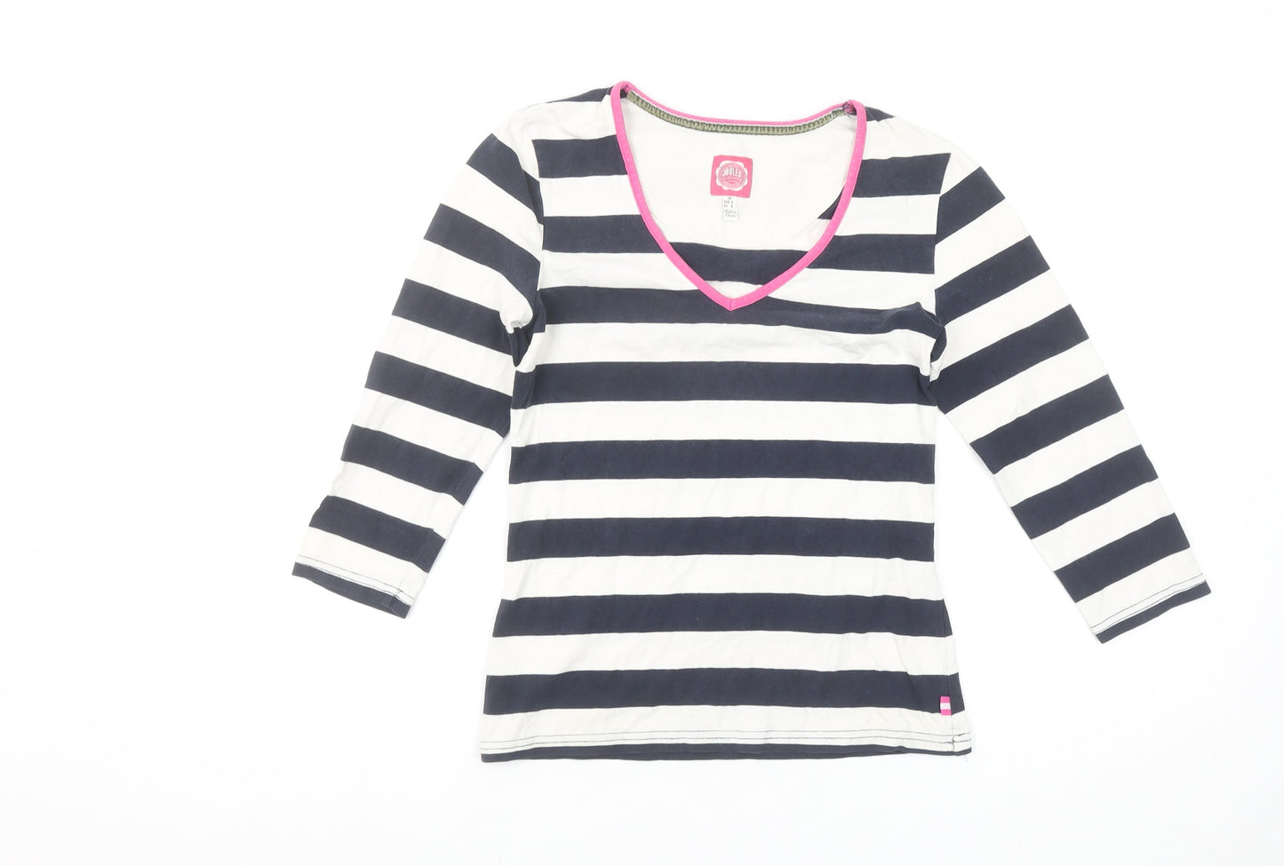 Joules Womens Blue Striped V-Neck 3/4 Sleeve Cotton T-Shirt Size 10