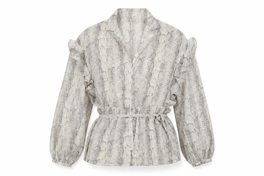 MNG Women's Grey Snake Print Wrap Blouse Size S Long Sleeve Ruffle Top