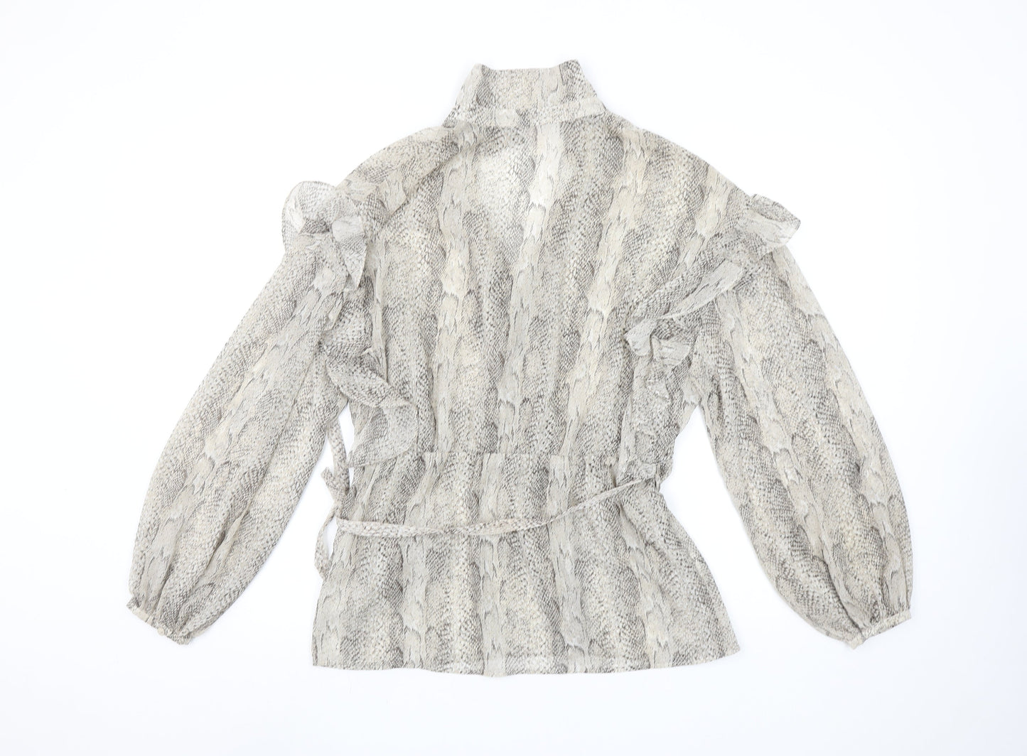 MNG Women's Grey Snake Print Wrap Blouse Size S Long Sleeve Ruffle Top
