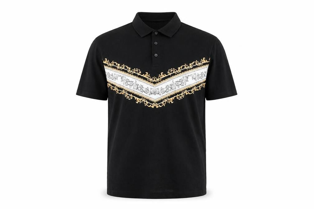 ASOS Men's Black Short Sleeve Polo Shirt M Gold Baroque Print