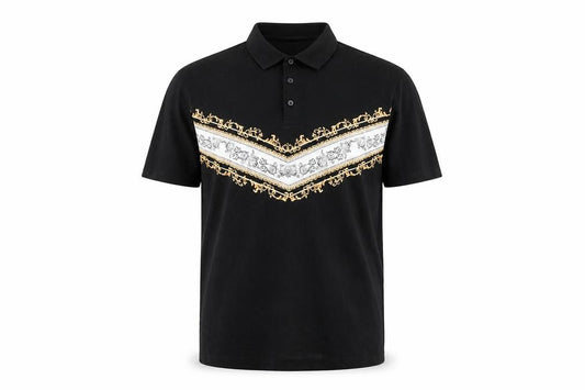 ASOS Men's Black Short Sleeve Polo Shirt M Gold Baroque Print