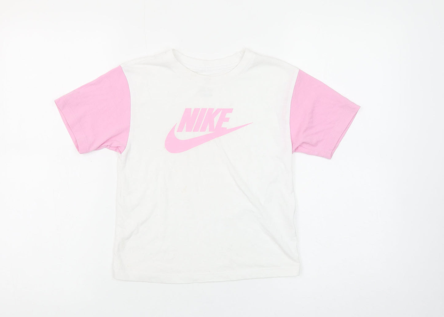 Nike Girls White and Pink Logo T-Shirt 5-6 Years Cotton Short Sleeve
