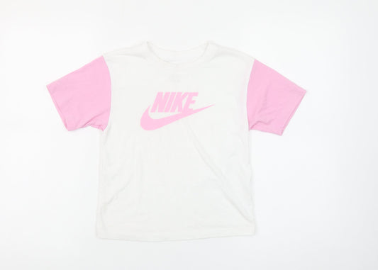 Nike Girls White and Pink Logo T-Shirt 5-6 Years Cotton Short Sleeve