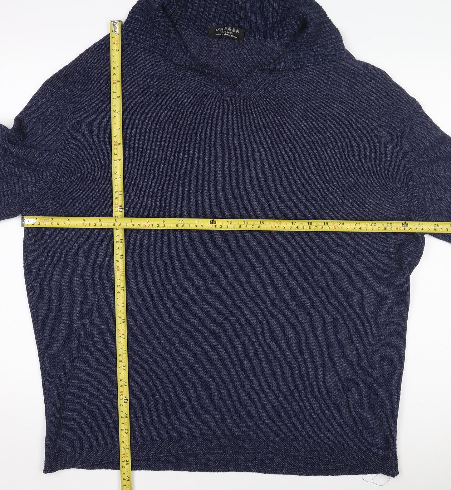 Jaeger Mens Blue Silk Cotton V-Neck Pullover Jumper XL