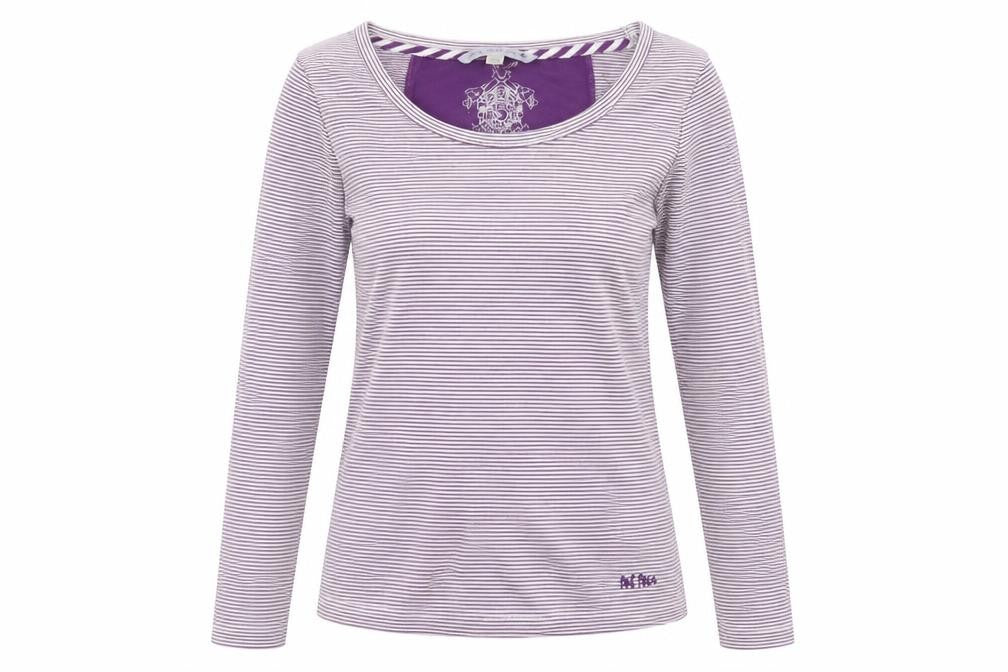 Front view of FatFace girls’ purple striped long sleeve top, size 8-9y cotton stretch tee