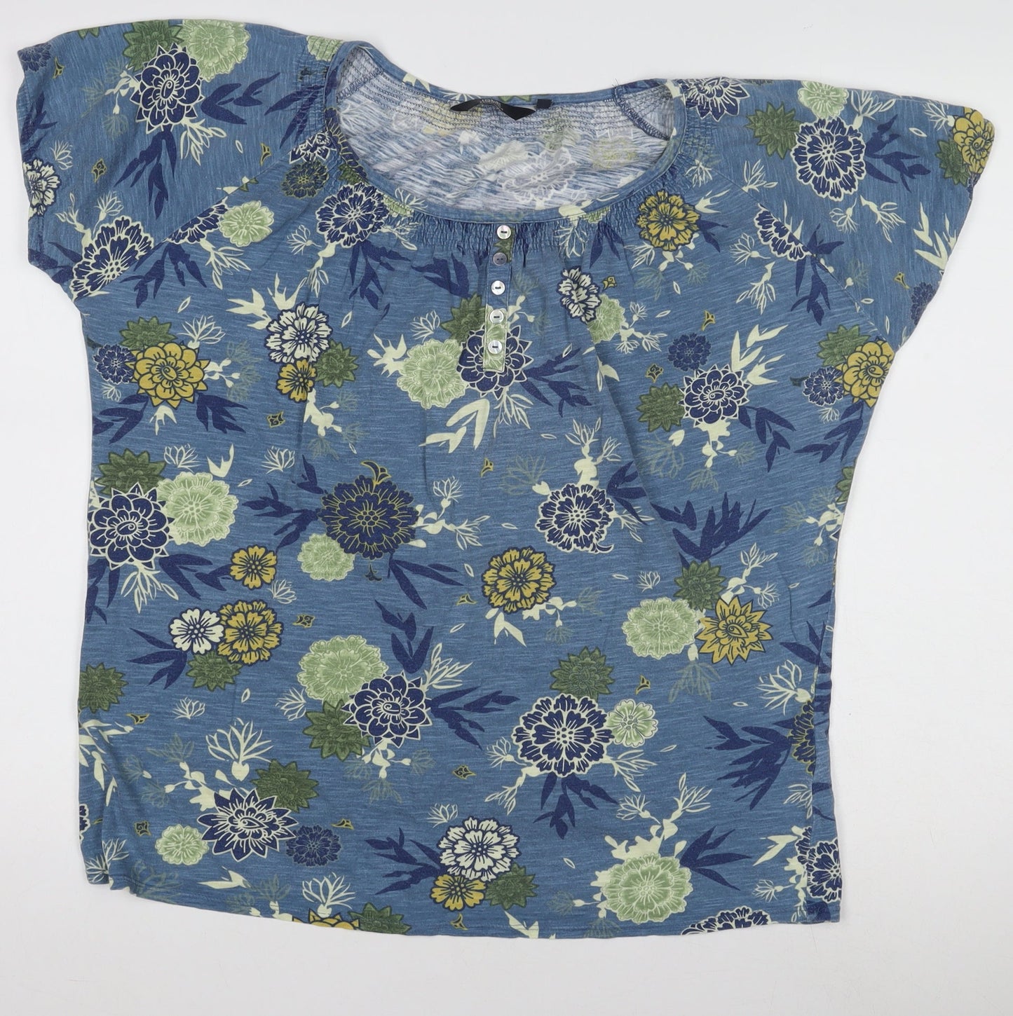 ISLE ESSENTIALS Women's Blue Floral Cotton Blend Short Sleeve T-Shirt Size M