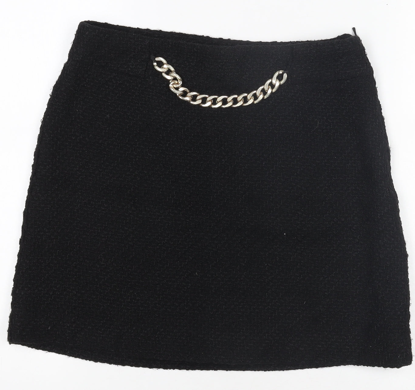 Mango Women’s Black Tweed Mini Skirt Size 12 with Chain Detail