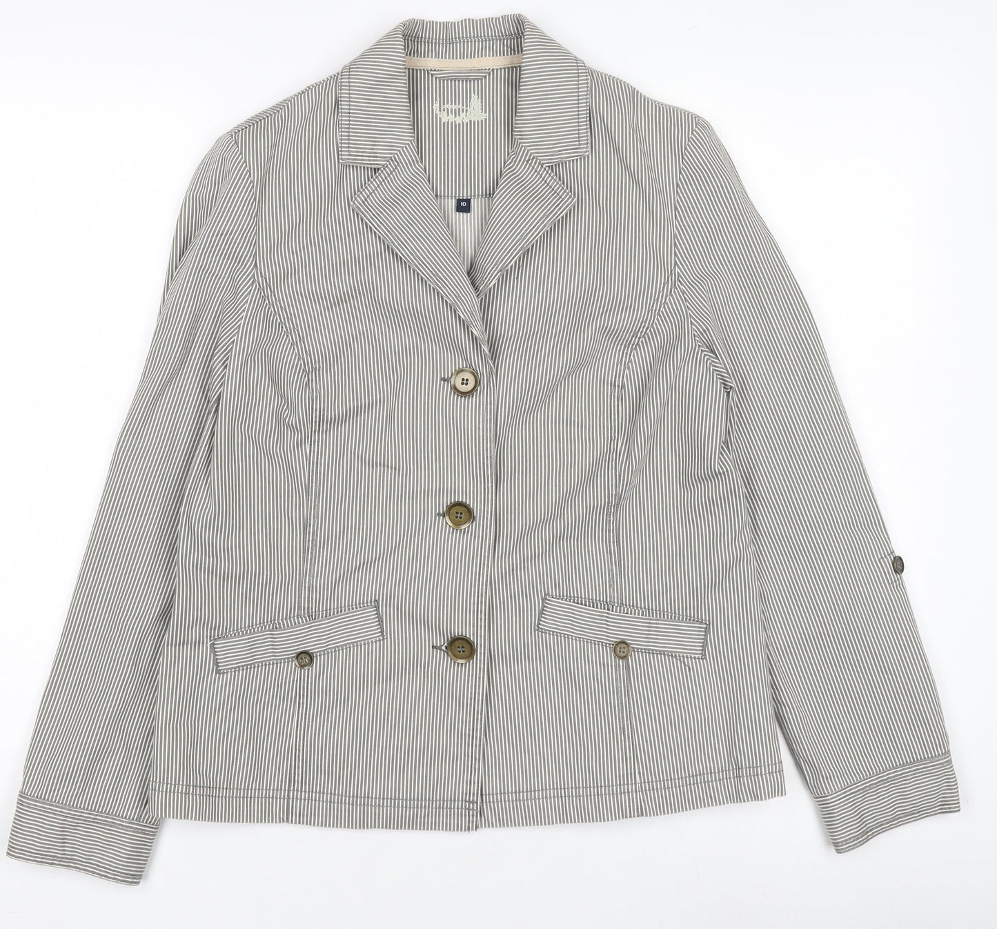 Women's Grey Striped Cotton Blazer Size 10 Classic Jacket