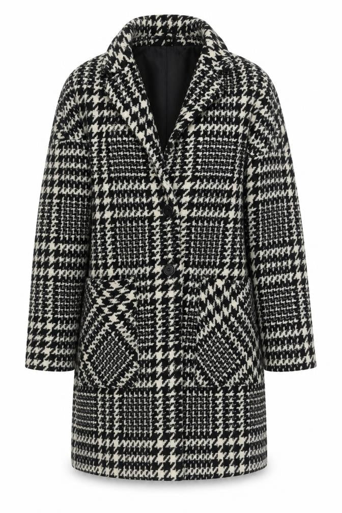 ESPRIT Women's Black Houndstooth Wool Blend Mid-Length Overcoat UK 14