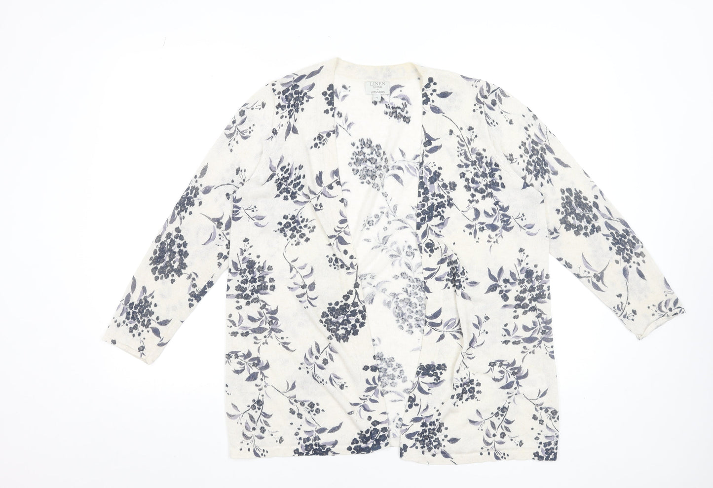 Monsoon Women Beige Floral Linen Blend Cardigan Size M