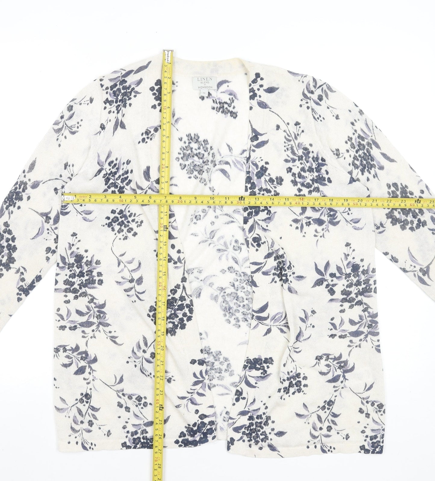 Monsoon Women Beige Floral Linen Blend Cardigan Size M