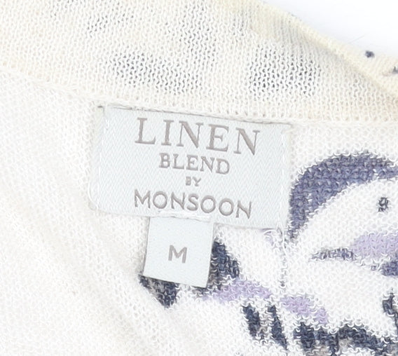 Monsoon Women Beige Floral Linen Blend Cardigan Size M