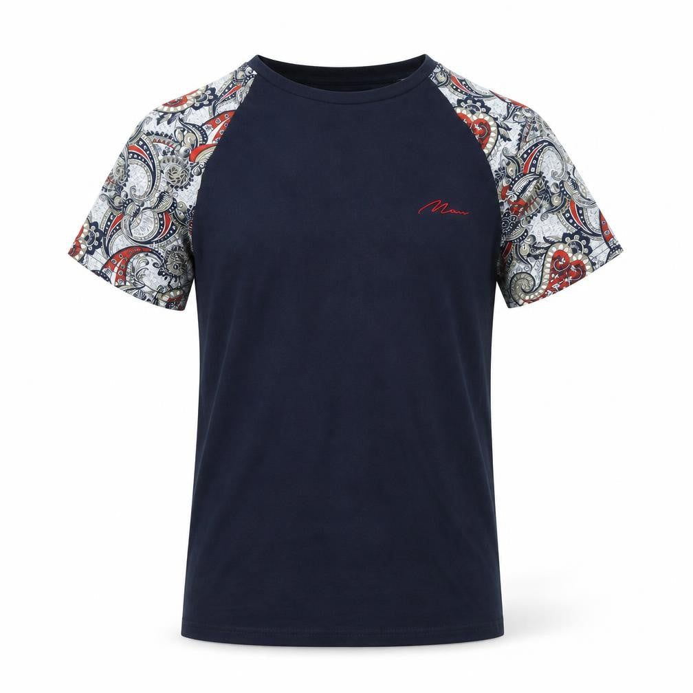 Front view of boohooMAN Men's Navy Paisley Raglan Short Sleeve Crew Neck T-Shirt, size M