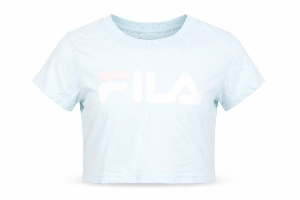 Front view of Fila women’s blue cropped t-shirt, size S, short sleeve 100% cotton