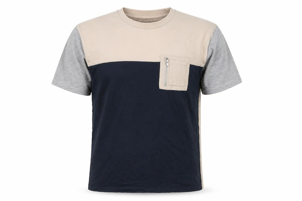 River Island Men's Beige Blue Grey Colourblock Crew Neck Zip Pocket T-Shirt M