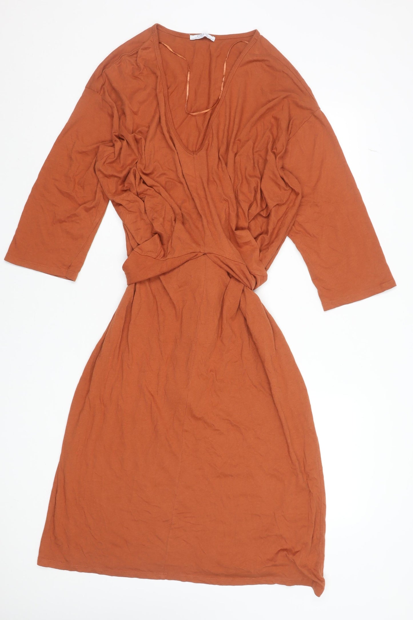 Zara Women Brown Cotton Wrap Dress size L 3/4 Sleeve V-Neck