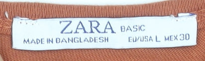 Zara Women Brown Cotton Wrap Dress size L 3/4 Sleeve V-Neck