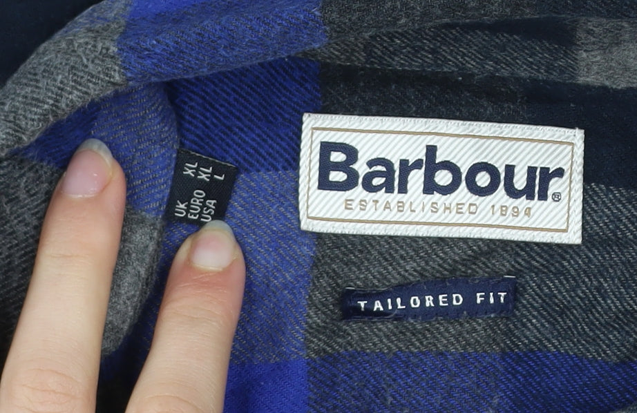 Barbour Men's Blue Grey Check Cotton Long Sleeve Button-Up Shirt XL