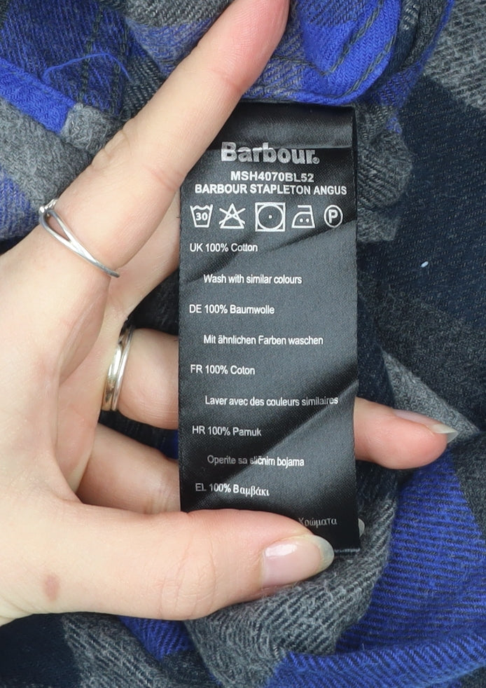 Barbour Men's Blue Grey Check Cotton Long Sleeve Button-Up Shirt XL