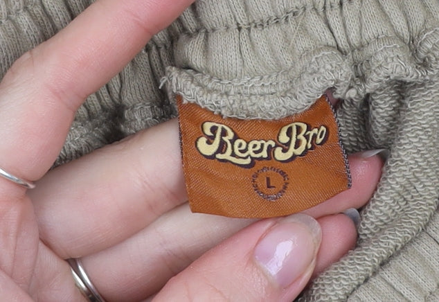 Beer Bro Men's Beige Jogger Sweatpants L Regular Fit Fleece Activewear Trousers