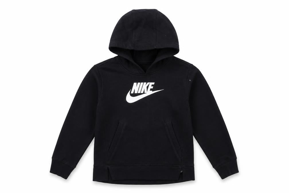 Front view of Nike boys’ black pullover hoodie xs 122-128cm cotton blend logo sweatshirt