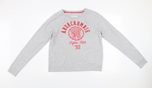 Abercrombie & Fitch Women Grey Pullover Sweatshirt M Logo Print Casual