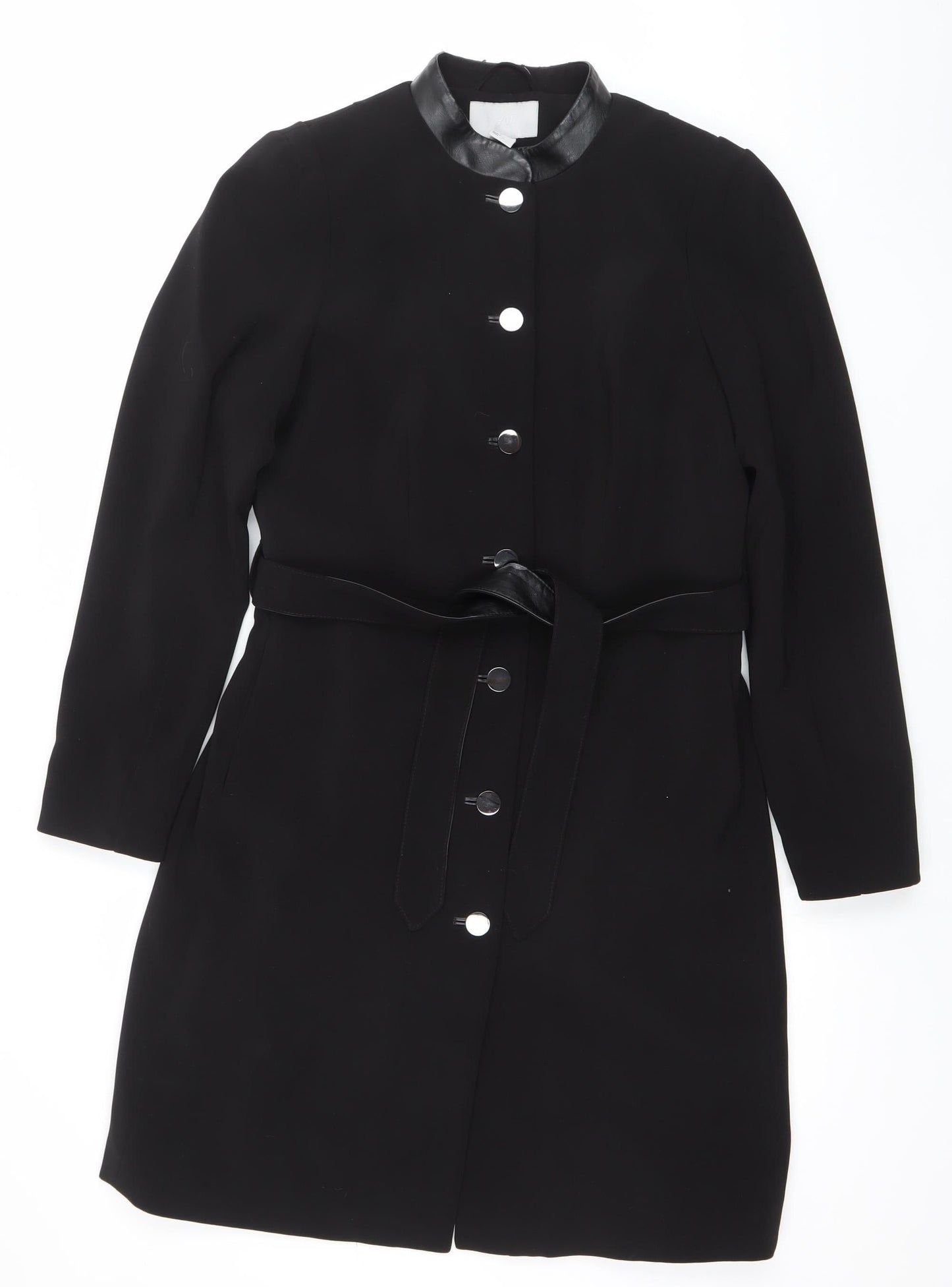 H&M Womens Black Belted Long Coat Size 12 Classic Style