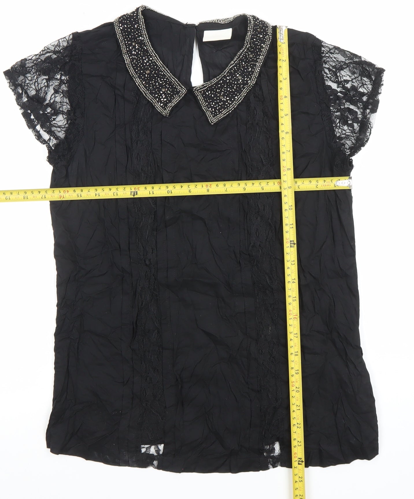 Women's Black Beaded Collar Lace Sleeve Chiffon Blouse Size M