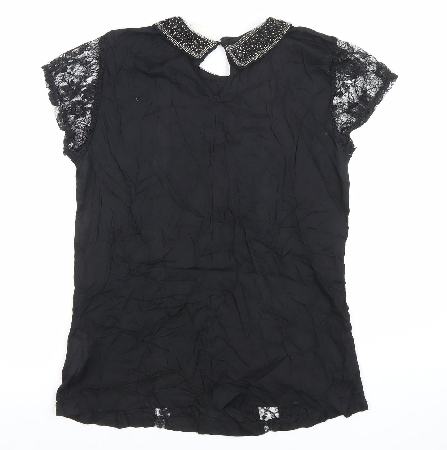 Women's Black Beaded Collar Lace Sleeve Chiffon Blouse Size M
