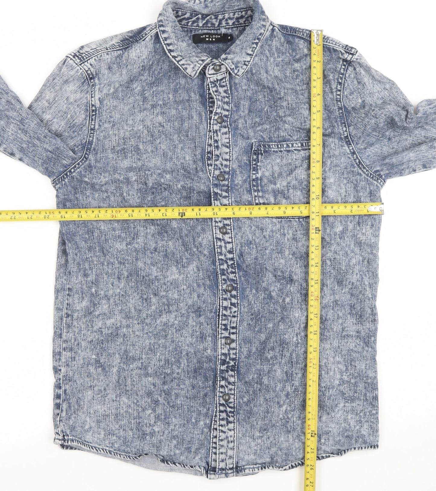 New Look Men Blue Denim Long Sleeve Button-Up Shirt M