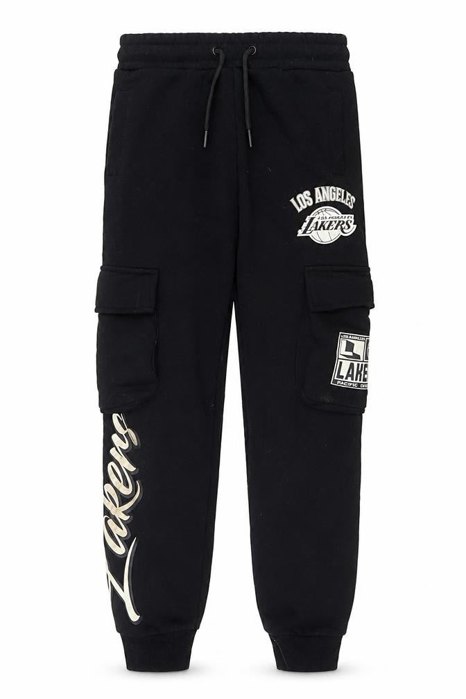 Front view of NBA boys’ black los angeles lakers jogger sweatpants 9-10 years drawstring