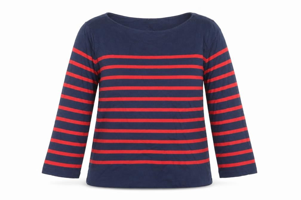 MNG Women Navy Red Striped 3/4 Sleeve Cotton Boat Neck Top Size S