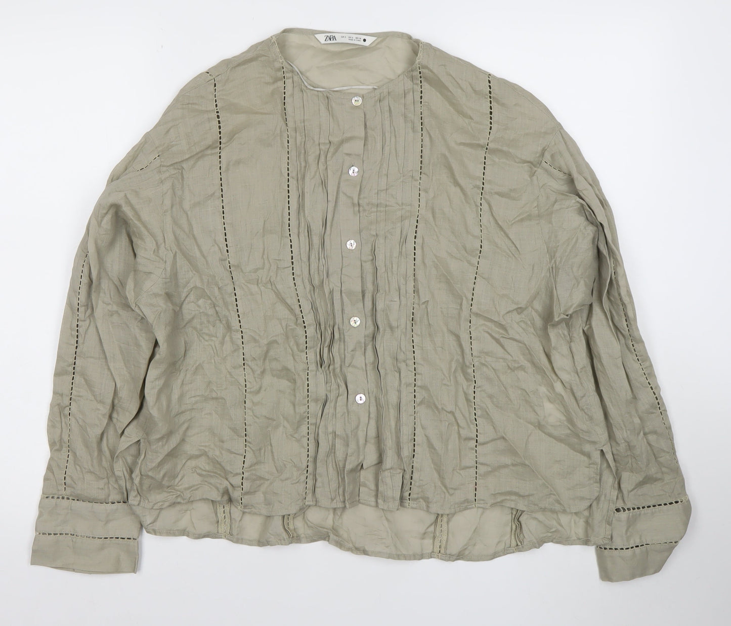 ZARA Women Beige Cotton Long Sleeve Button Blouse Size S