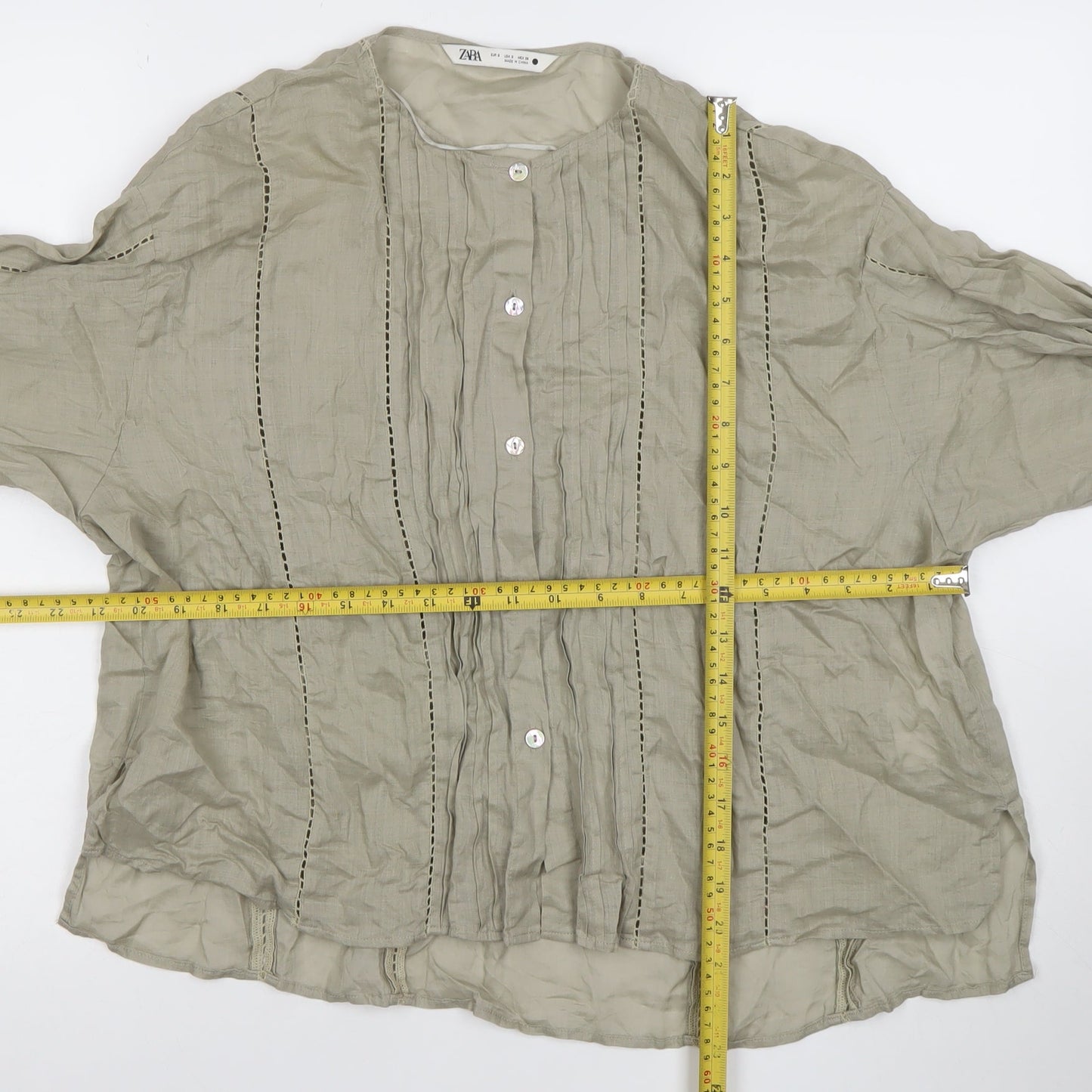 ZARA Women Beige Cotton Long Sleeve Button Blouse Size S