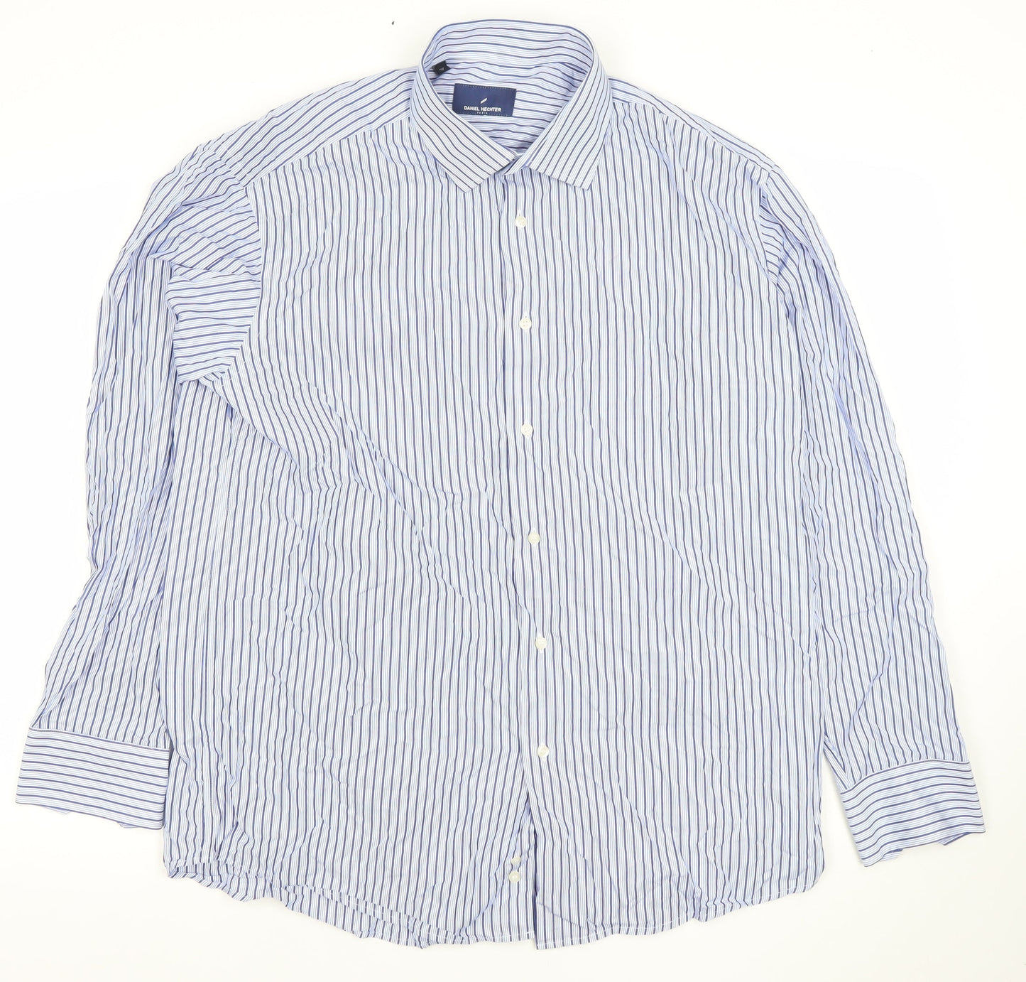 Daniel Hechter Men's Blue Striped 17in Regular Fit Cotton Long Sleeve Shirt