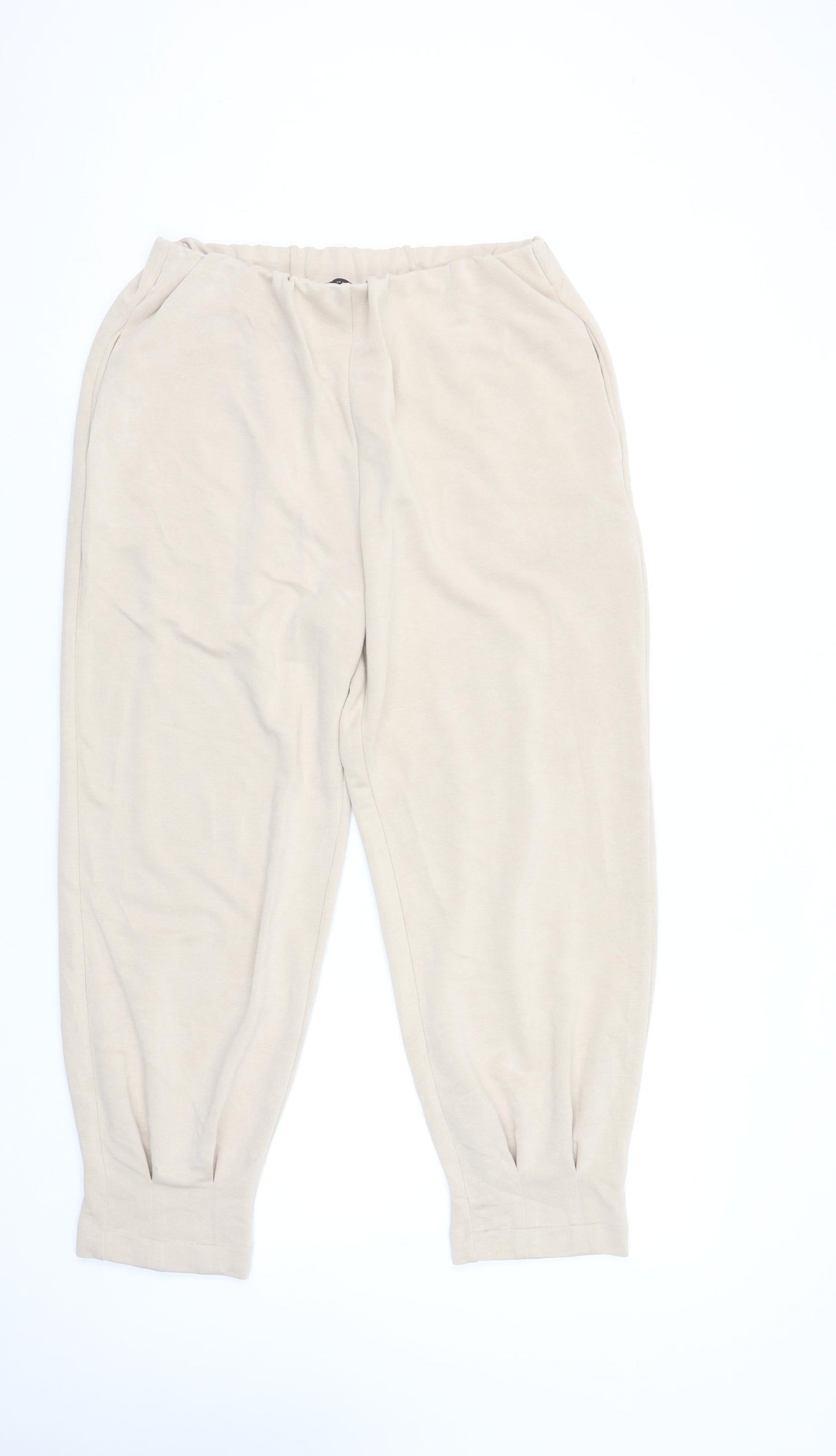 Zara Women Beige Jersey Jogger Trousers Size 14 Elastic Waist