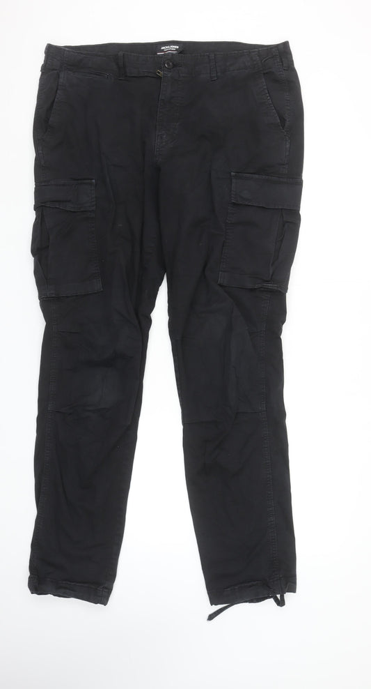 Jack & Jones Men's Black Cargo Trousers Size 36x34 Cotton Blend