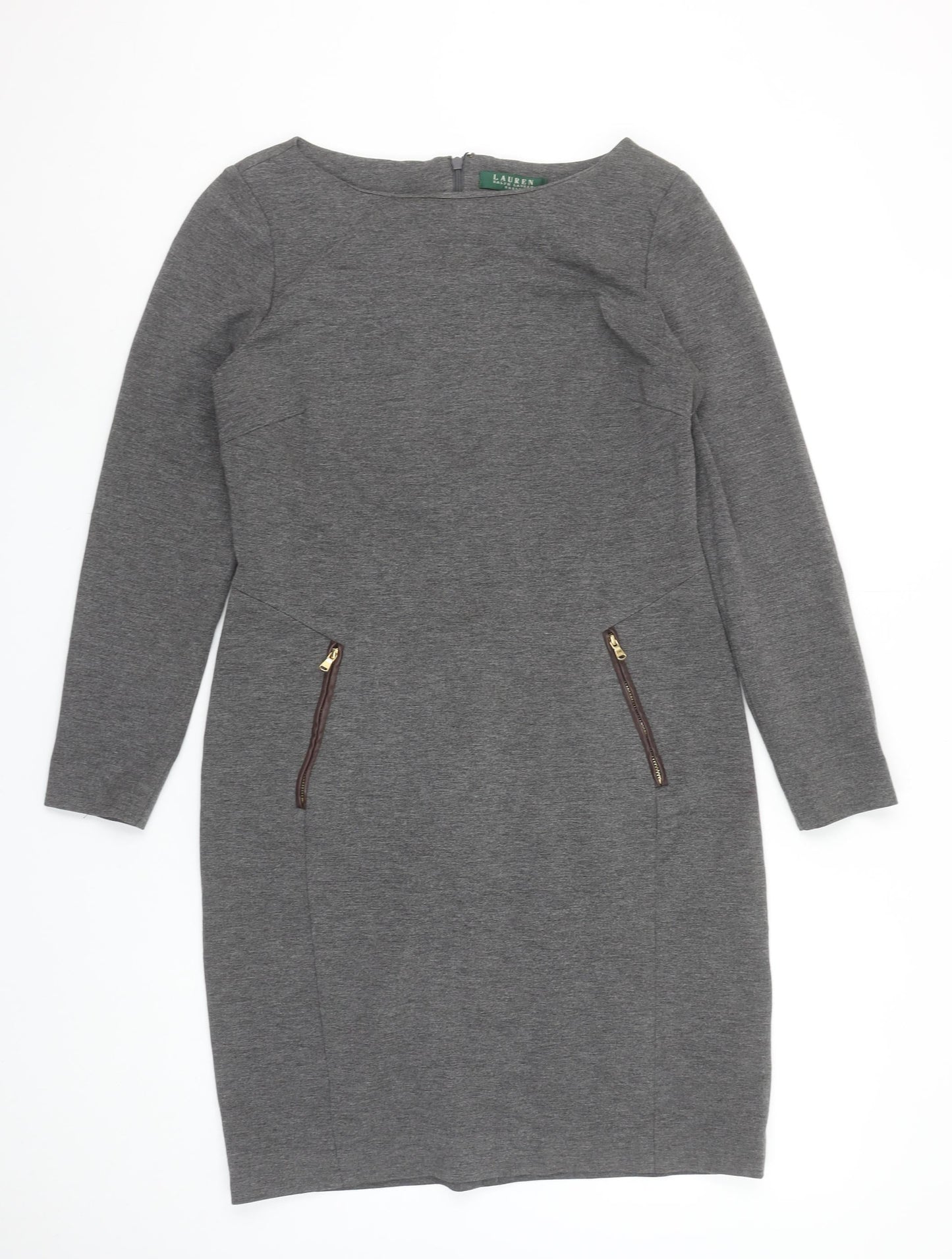 Ralph Lauren Women’s Grey Sheath Work Dress Size 10 Long Sleeve Zip Detail