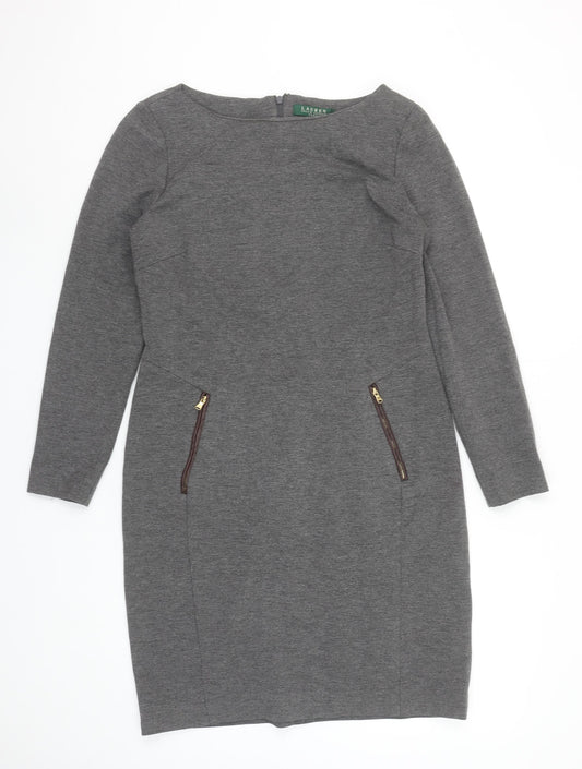 Ralph Lauren Women’s Grey Sheath Work Dress Size 10 Long Sleeve Zip Detail