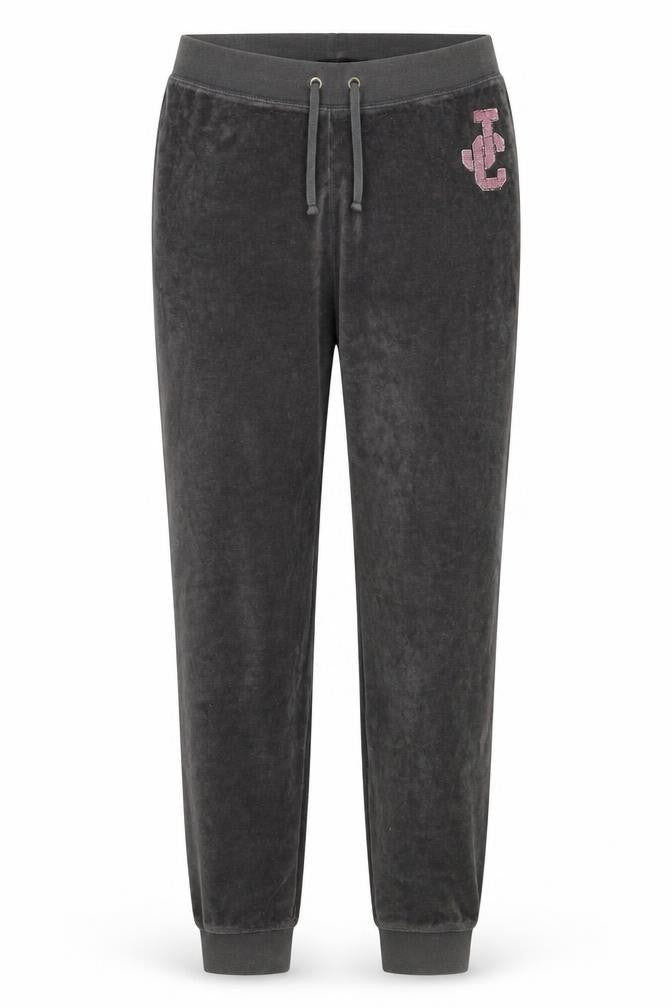 Front view of Juicy Couture girls’ grey velour jogger trousers size 18y drawstring waist