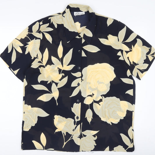 Givoni Women Black Floral Button-Up Short Sleeve Shirt M