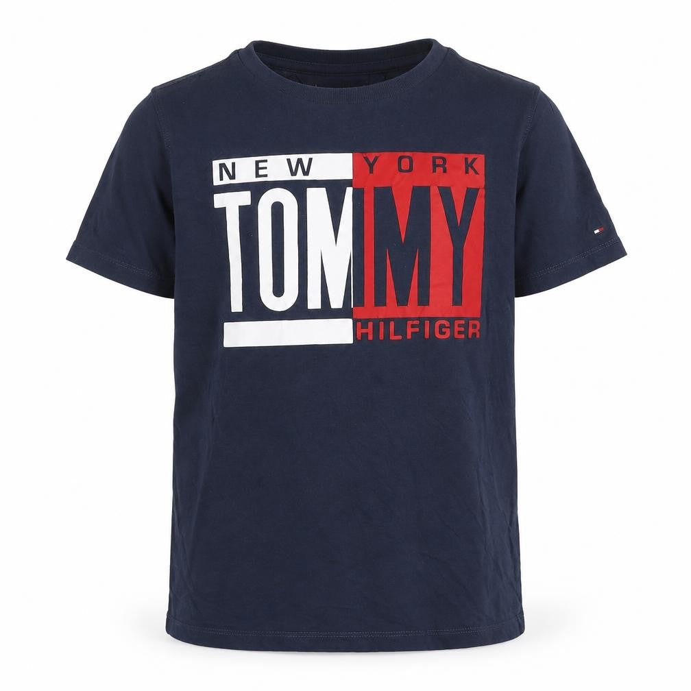 Front view of Tommy Hilfiger boys’ blue graphic logo t-shirt, size 164