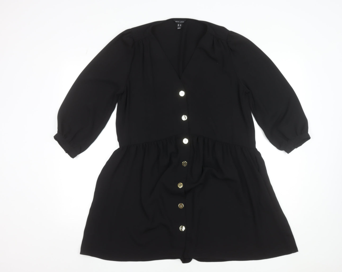 New Look Women Black A-Line Short Button Dress Size 12