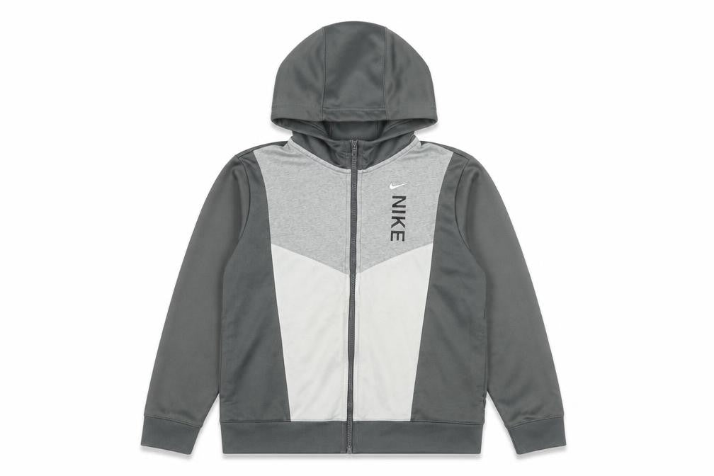 Front view of Nike boys’ grey full zip hoodie, size L, colourblock sportswear